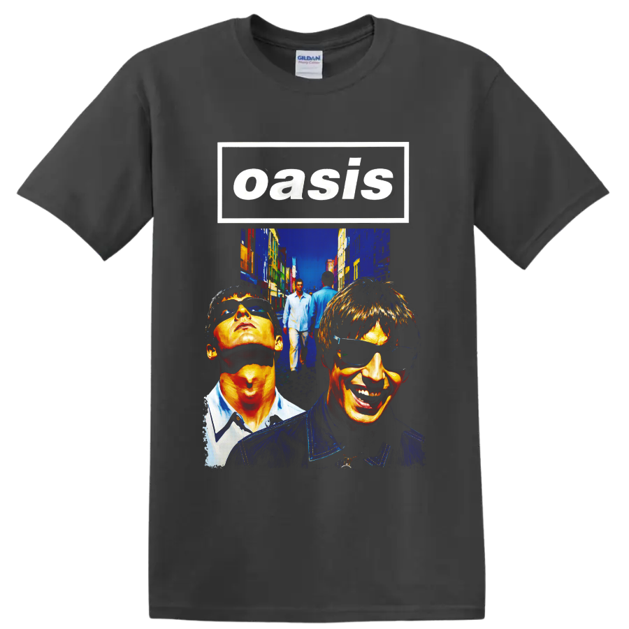 Oasis Britpop band portrait collage with bold street art style on a Charcoal T Shirt