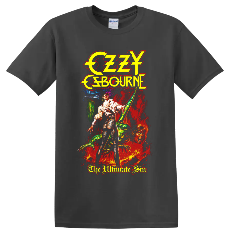 Ozzy Osbourne The Ultimate Sin fantasy horror rock graphic on a Charcoal T Shirt