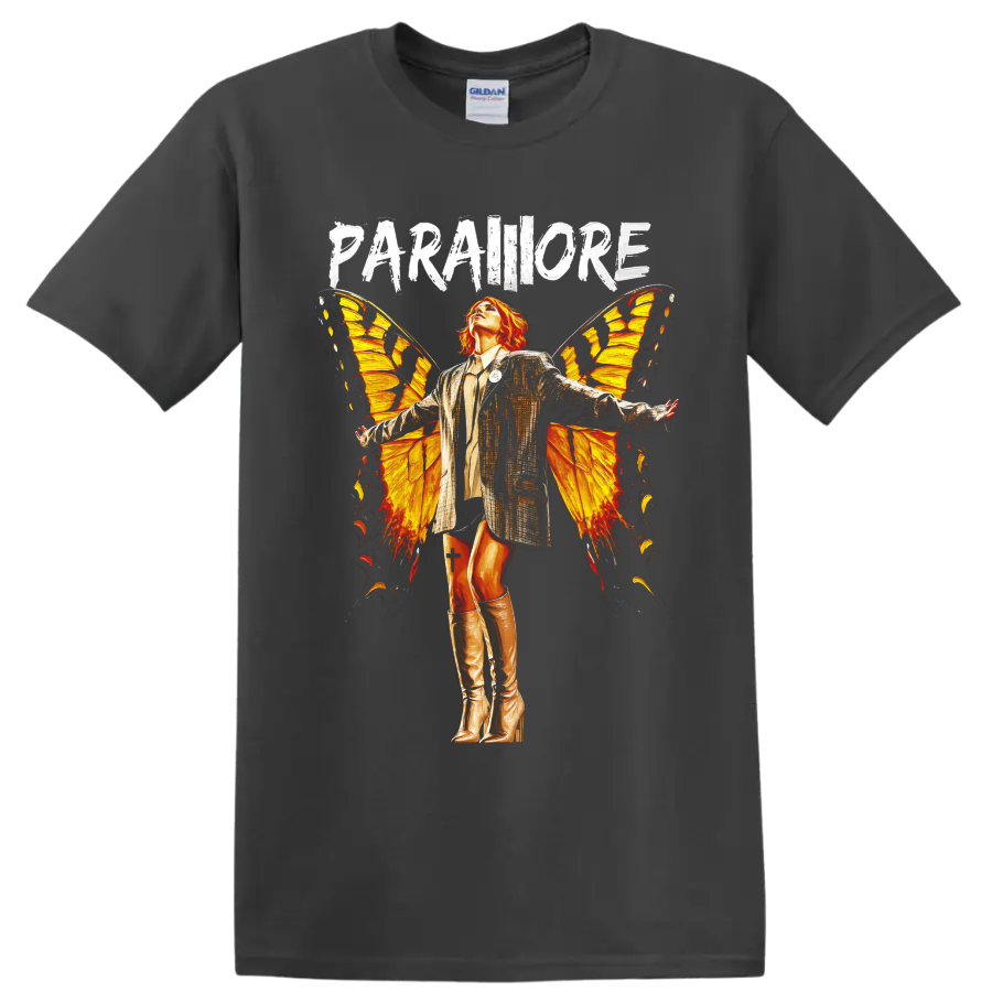 Paramore butterfly wings graphic with distressed PARAMORE lettering on a Charcoal T Shirt
