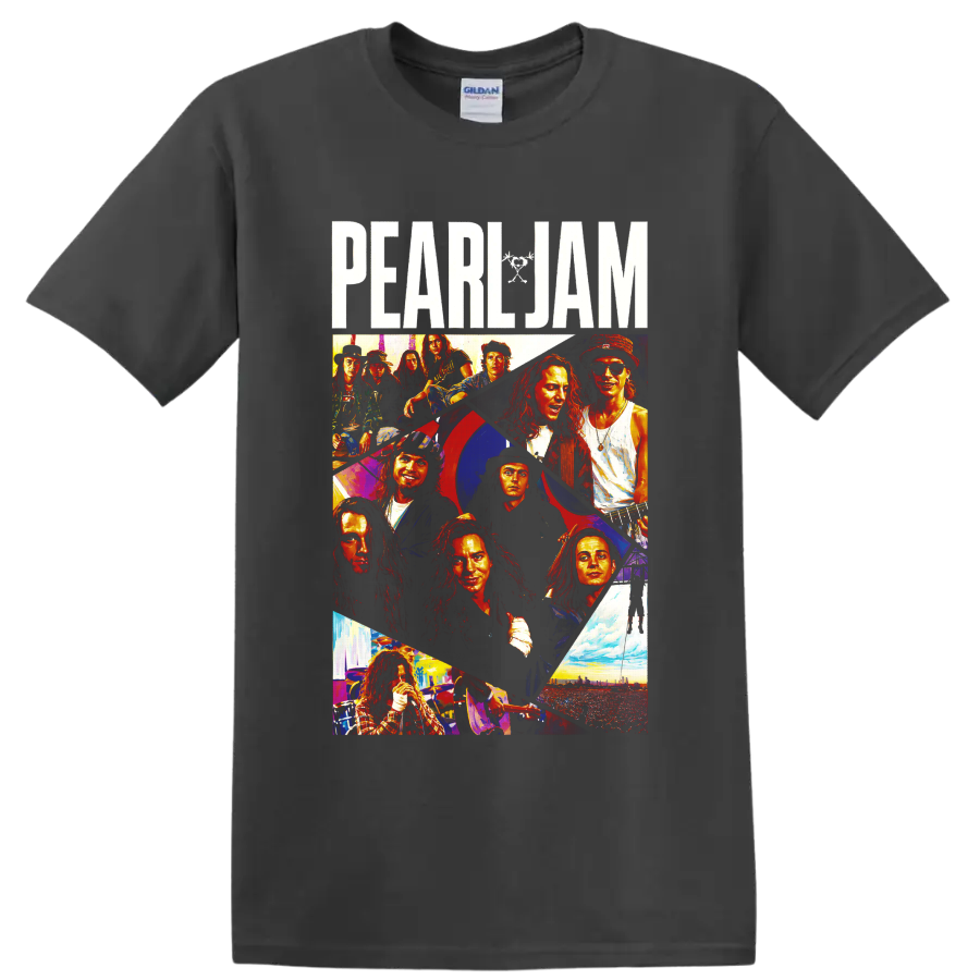Pearl Jam rock band collage with performer portraits and concert scenes on a Charcoal T Shirt