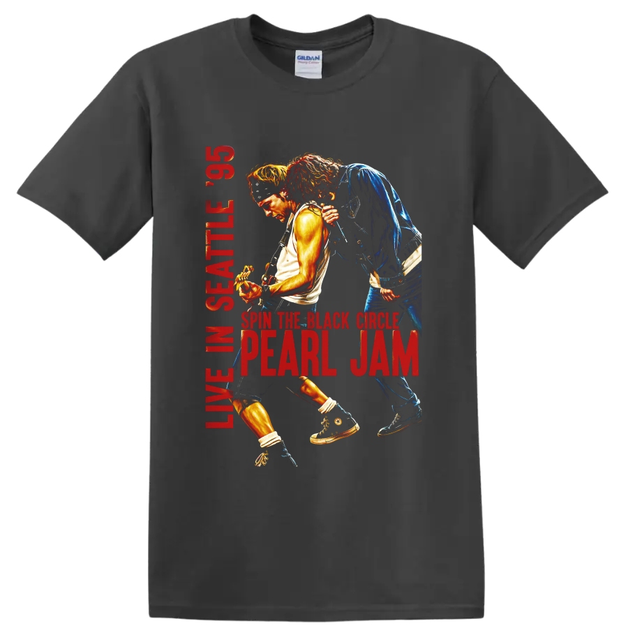 Pearl Jam live Seattle 93 guitarist concert graphic with red lettering on a Charcoal T Shirt