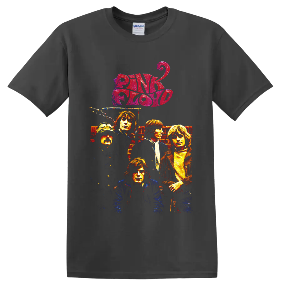 Pink Floyd portrait collage with bold retro logo and rock-poster styling on a Charcoal T Shirt