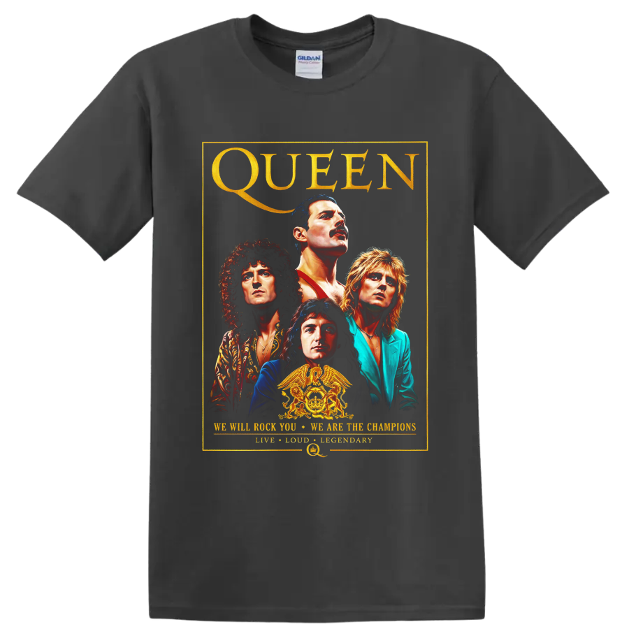 Queen rock band portrait graphic with gold crest and vintage poster border on a Charcoal T Shirt