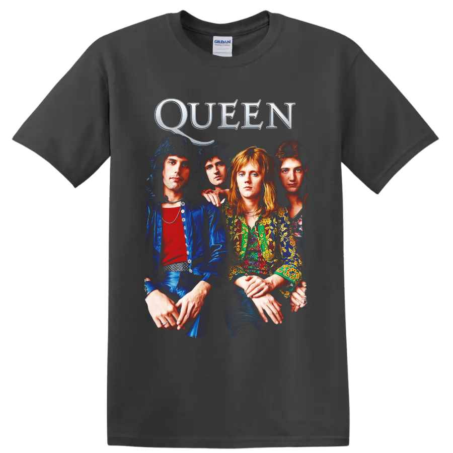 Queen classic rock band portrait with metallic QUEEN lettering on a Charcoal T Shirt