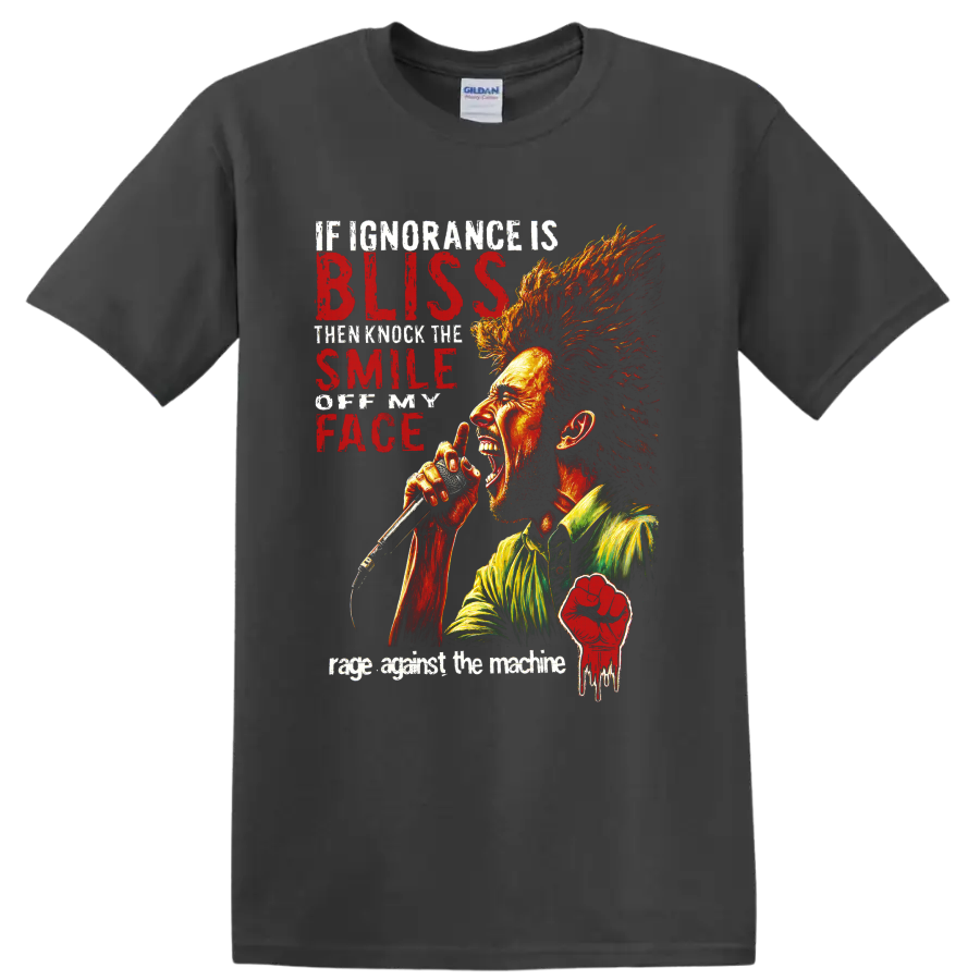 Rage Against the Machine protest rock singer microphone graphic with raised fist on a Charcoal T Shirt