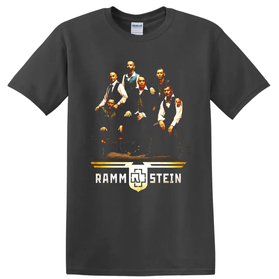Rammstein band portrait graphic with six figures and distressed emblem on a Charcoal T Shirt