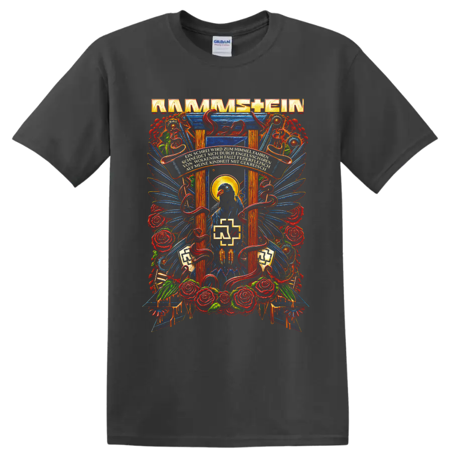 Rammstein gothic raven, roses, serpents, and blue wings graphic print on a Charcoal T Shirt