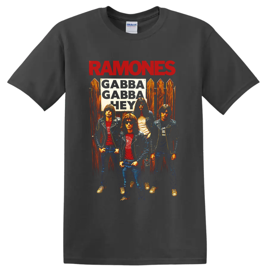 Ramones punk rock band portrait with bold red lettering and vintage distressed style on a Charcoal T Shirt