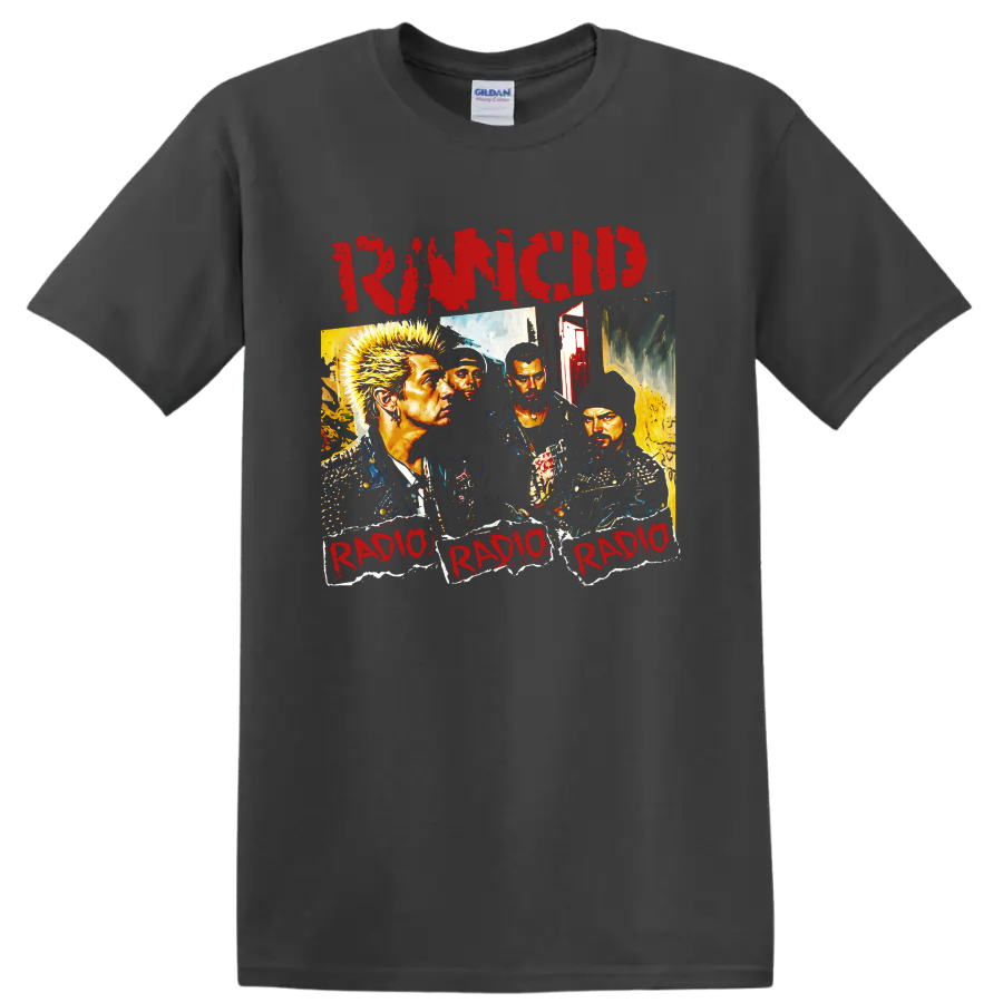 Rancid distressed punk rock collage with four musician portraits on a Charcoal T Shirt
