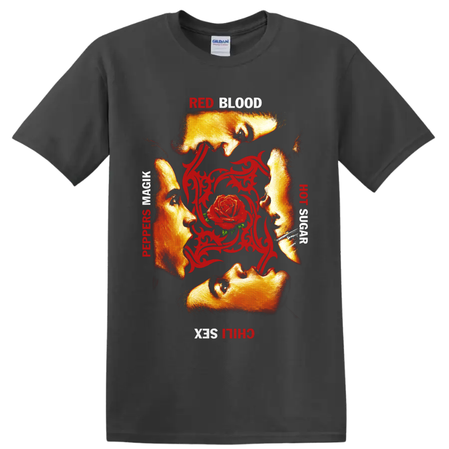 Red Hot Chili Peppers rose and ornamental rock band graphic on a Charcoal T Shirt