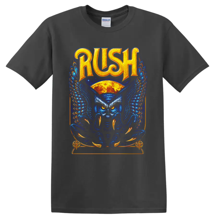 Rush owl graphic with blue wings, orange moon, and ornate fantasy artwork on a Charcoal T Shirt