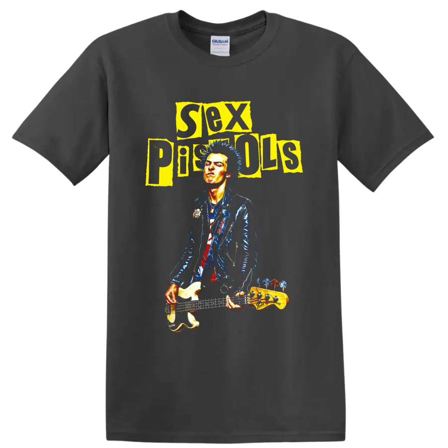 Sex Pistols punk rock bassist graphic with distressed yellow lettering on a Charcoal T Shirt