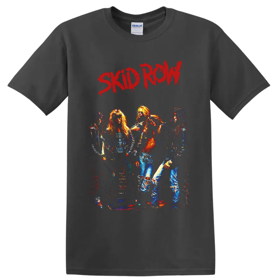 Skid Row glam metal band portrait with distressed red lettering on a Charcoal T Shirt