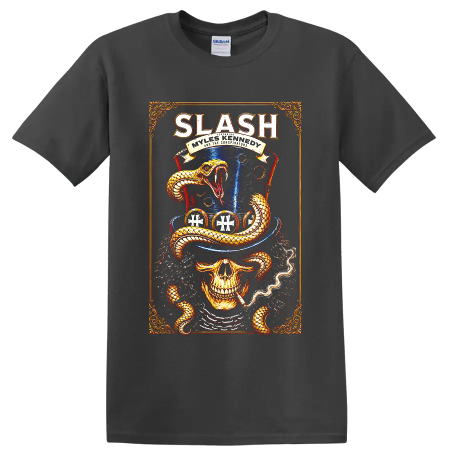 Slash skull and coiled snake rock graphic with blue top hat on a Charcoal T Shirt