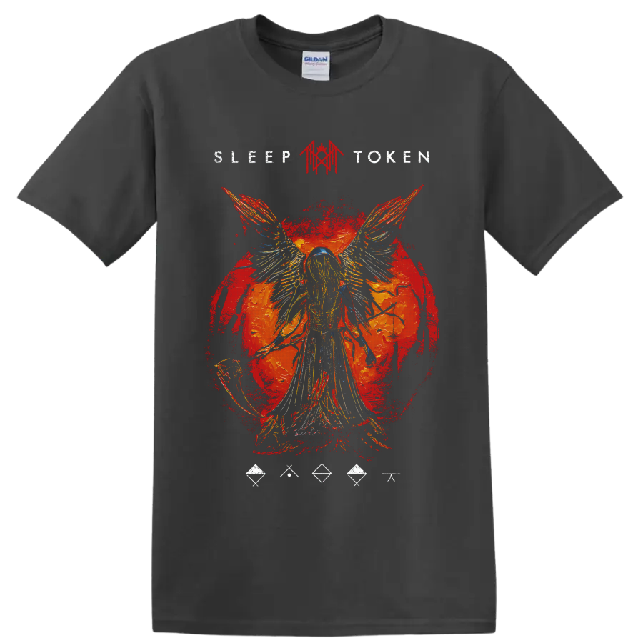 Sleep Token winged figure red grunge graphic with distressed artwork on a Charcoal T Shirt