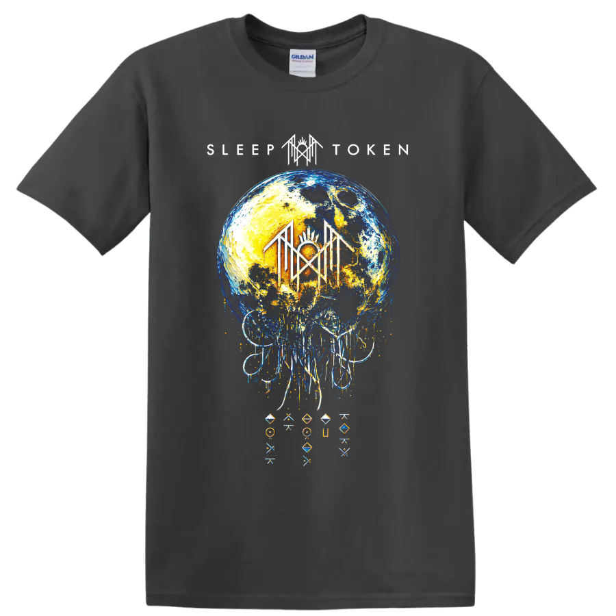 Sleep Token cosmic moon ritual graphic with dripping abstract details on a Charcoal T Shirt