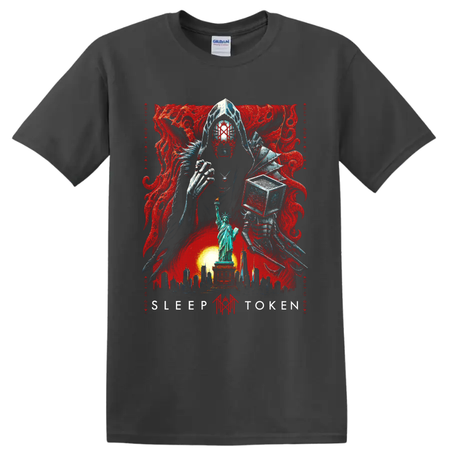 Sleep Token gothic horror masked figure with Statue of Liberty and red art on a Charcoal T Shirt