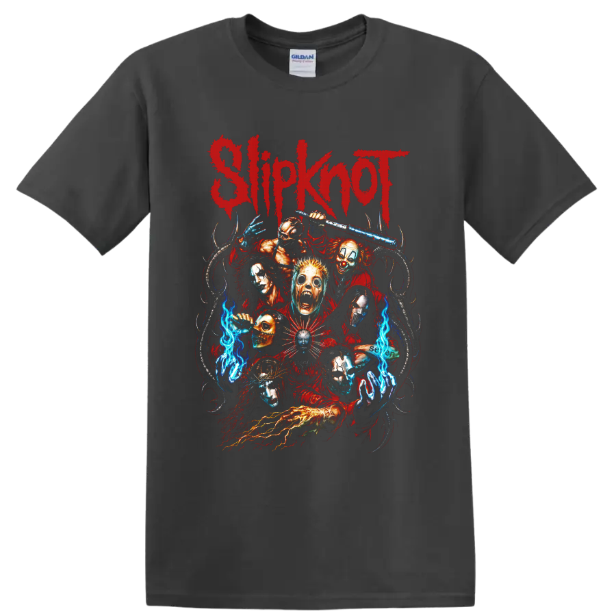 Slipknot distressed red logo with masked horror figures and blue flames on a Charcoal T Shirt
