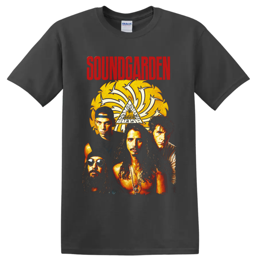 Soundgarden rock band portrait with golden sunburst and distressed lettering on a Charcoal T Shirt