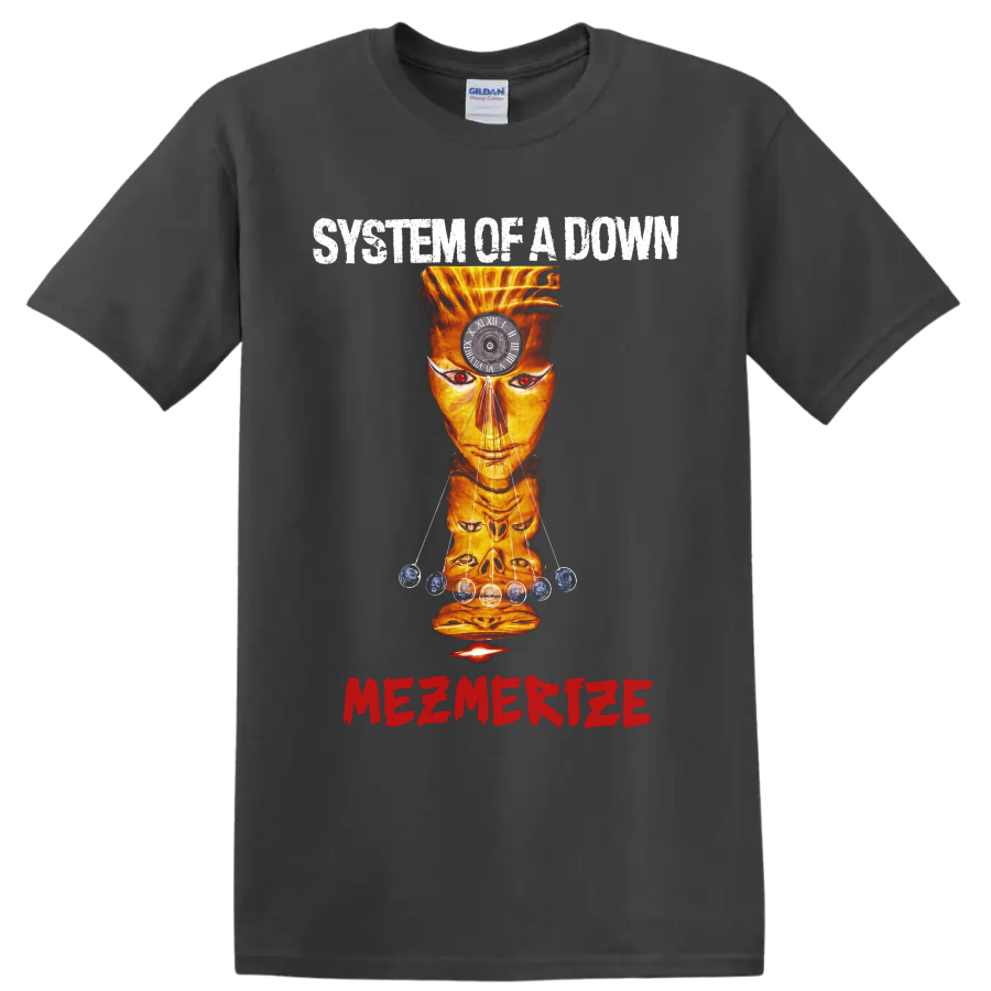 System of a Down Mezmerize surreal orange face graphic with clock on a Charcoal T Shirt