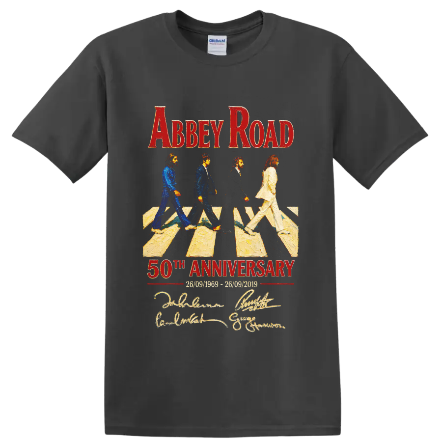 The Beatles Abbey Road 50th Anniversary crossing graphic with red lettering on a Charcoal T Shirt