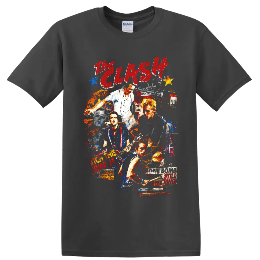 The Clash punk rock collage with guitars, drums, and distressed lettering on a Charcoal T Shirt