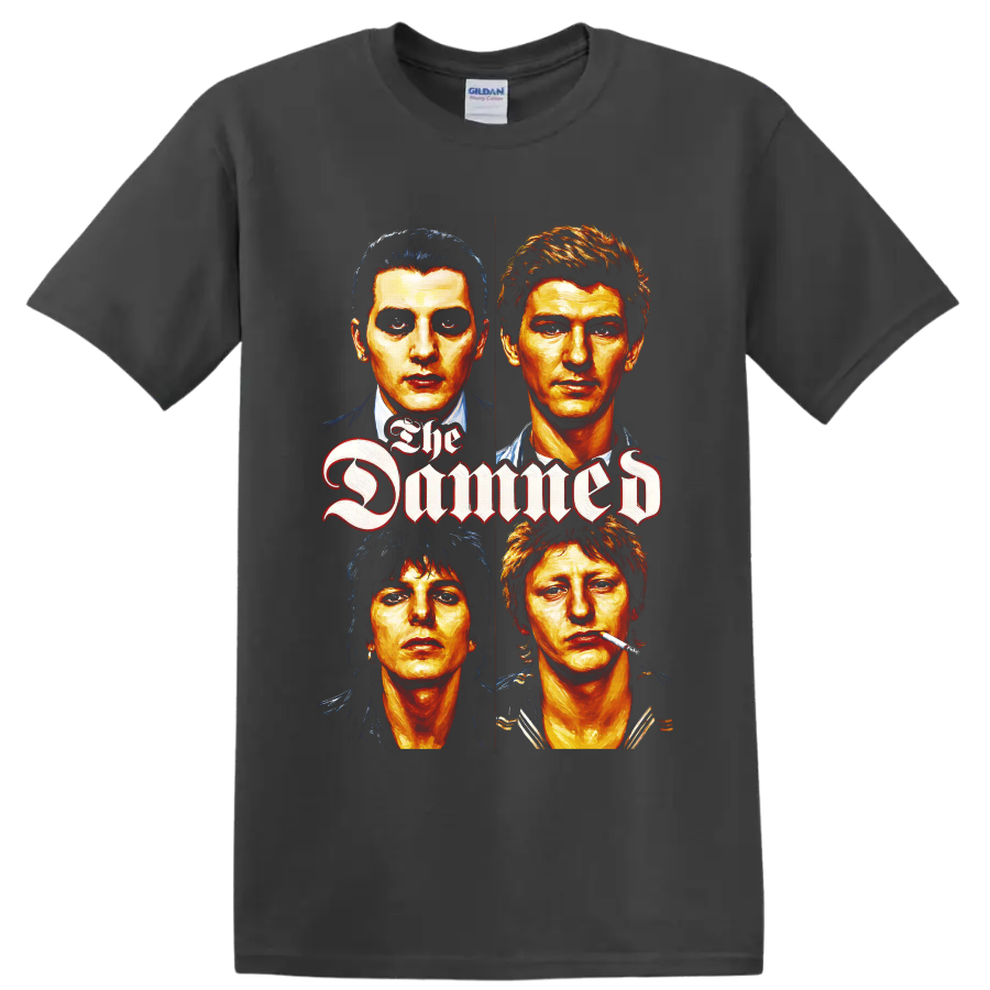 The Damned four-face punk rock portrait with gothic lettering on a Charcoal T Shirt