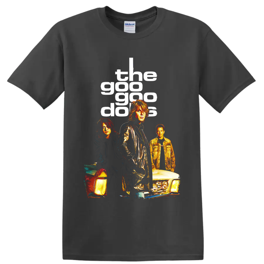 Goo Goo Dolls rock band portraits with classic cars and bold lettering on a Charcoal T Shirt