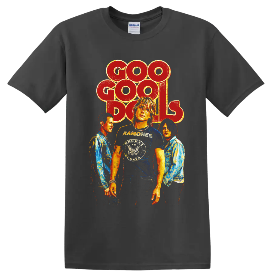 Goo Goo Dolls vintage rock band portrait graphic with distressed lettering on a Charcoal T Shirt