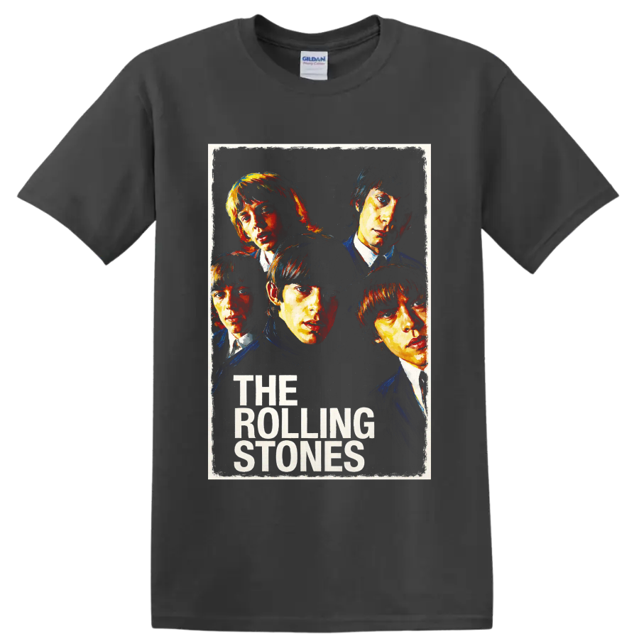 The Rolling Stones five-portrait vintage rock band graphic with text on a Charcoal T Shirt