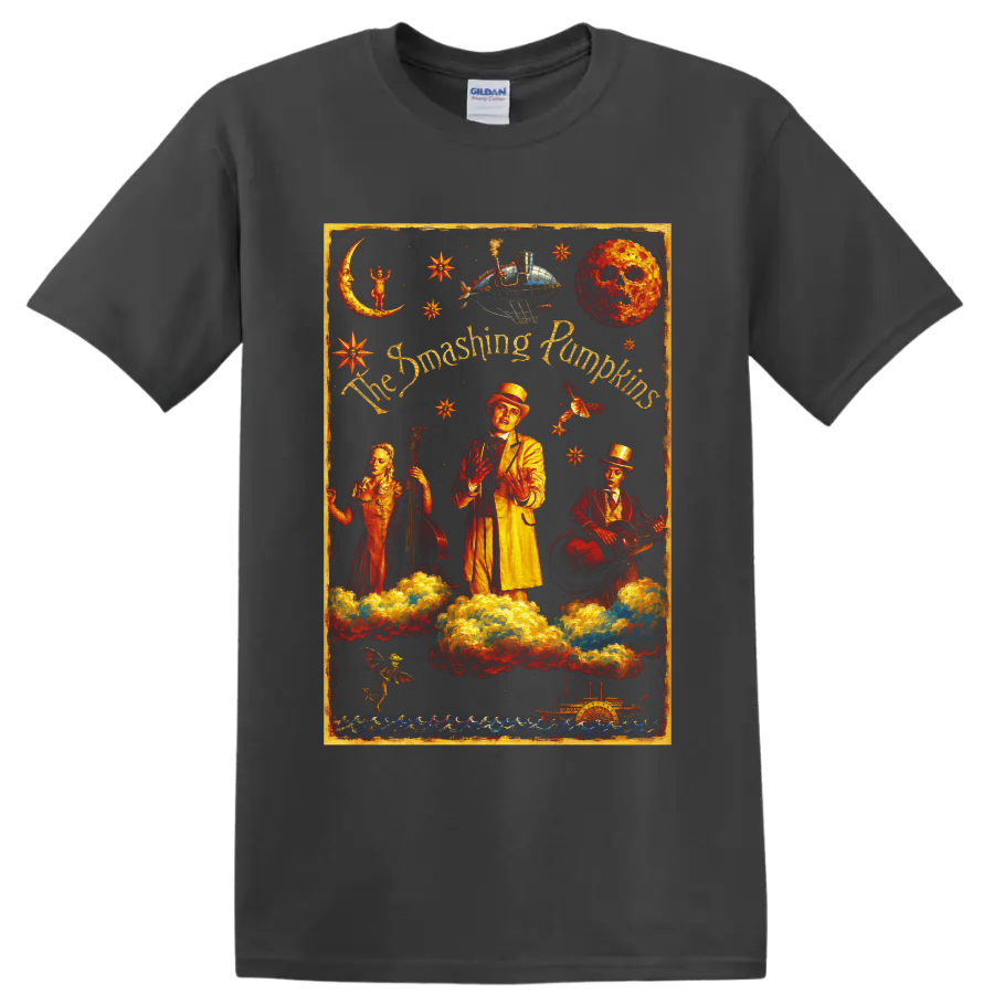 The Smashing Pumpkins surreal celestial vintage rock band artwork on a Charcoal T Shirt