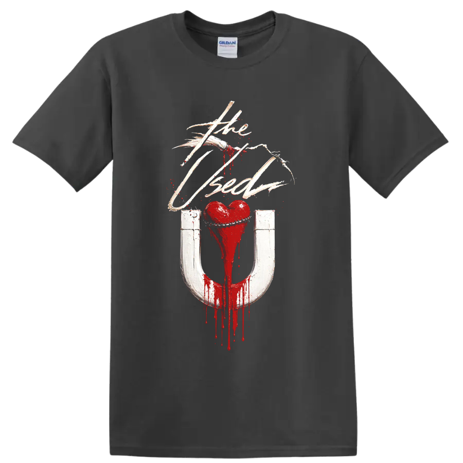 The Used heart magnet graphic print with distressed gothic rock styling on a Charcoal T Shirt