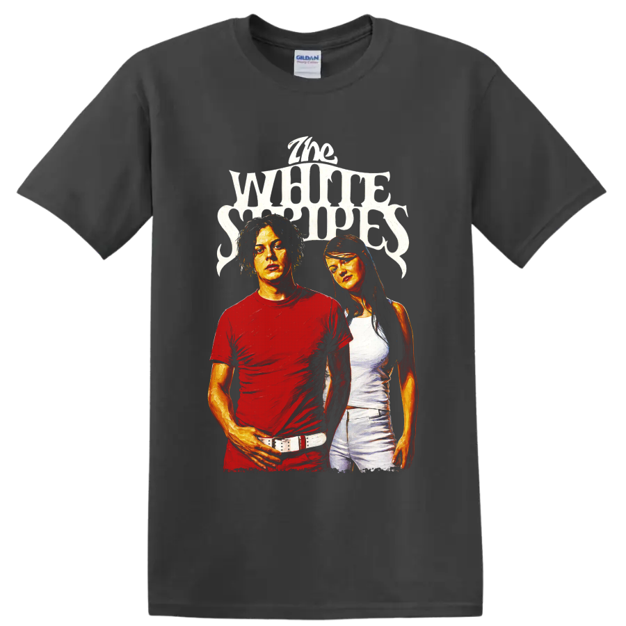 The White Stripes portrait graphic with distressed lettering on a Charcoal T Shirt