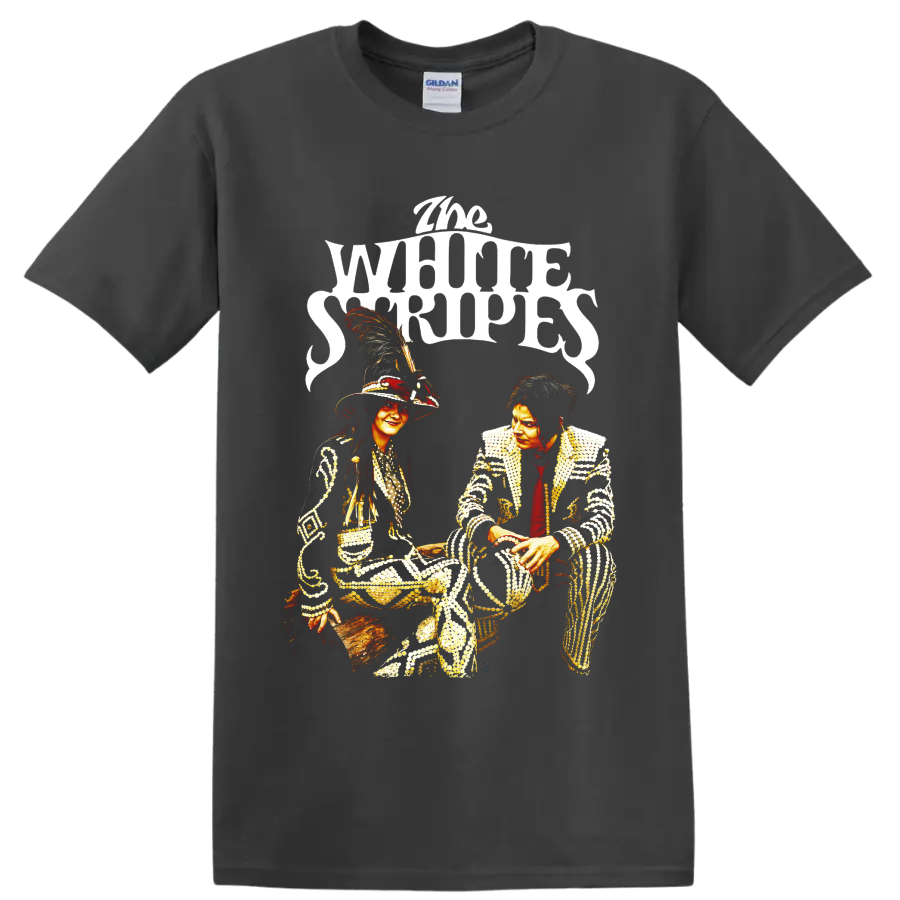 The White Stripes duo portrait graphic with ornate stage outfits and bold lettering on a Charcoal T Shirt