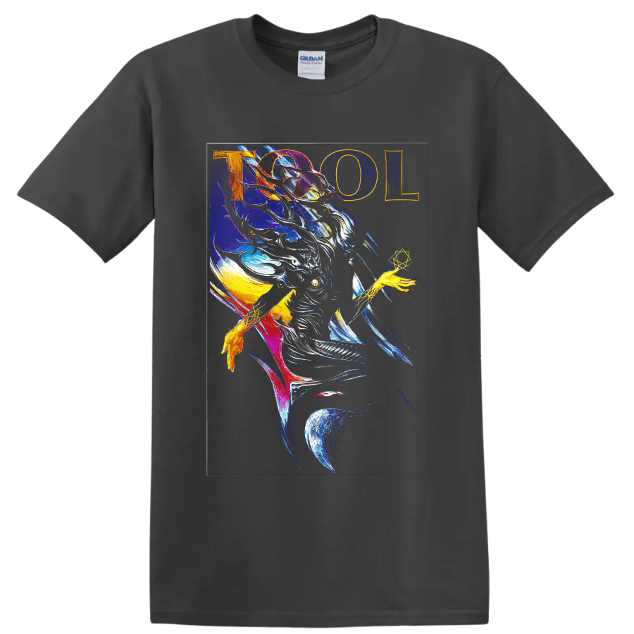Tool psychedelic cosmic astronaut graphic print with bold lettering on a Charcoal T Shirt