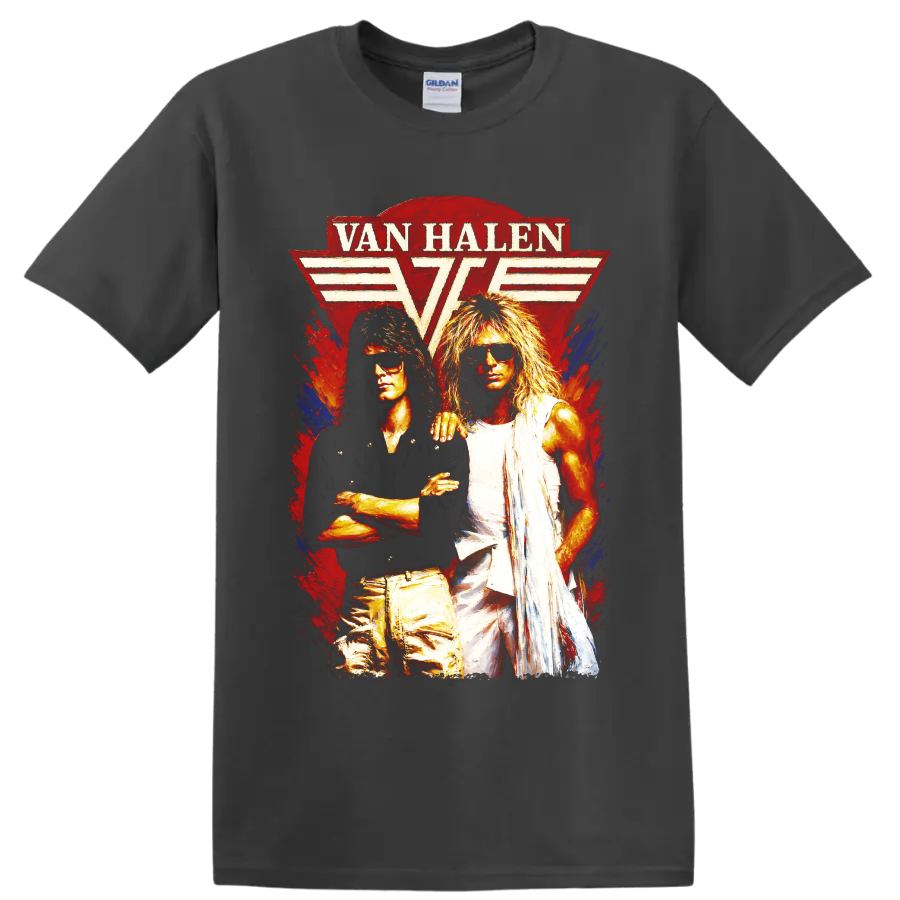 Van Halen winged logo with two rock performers in vintage distressed art on a Charcoal T Shirt