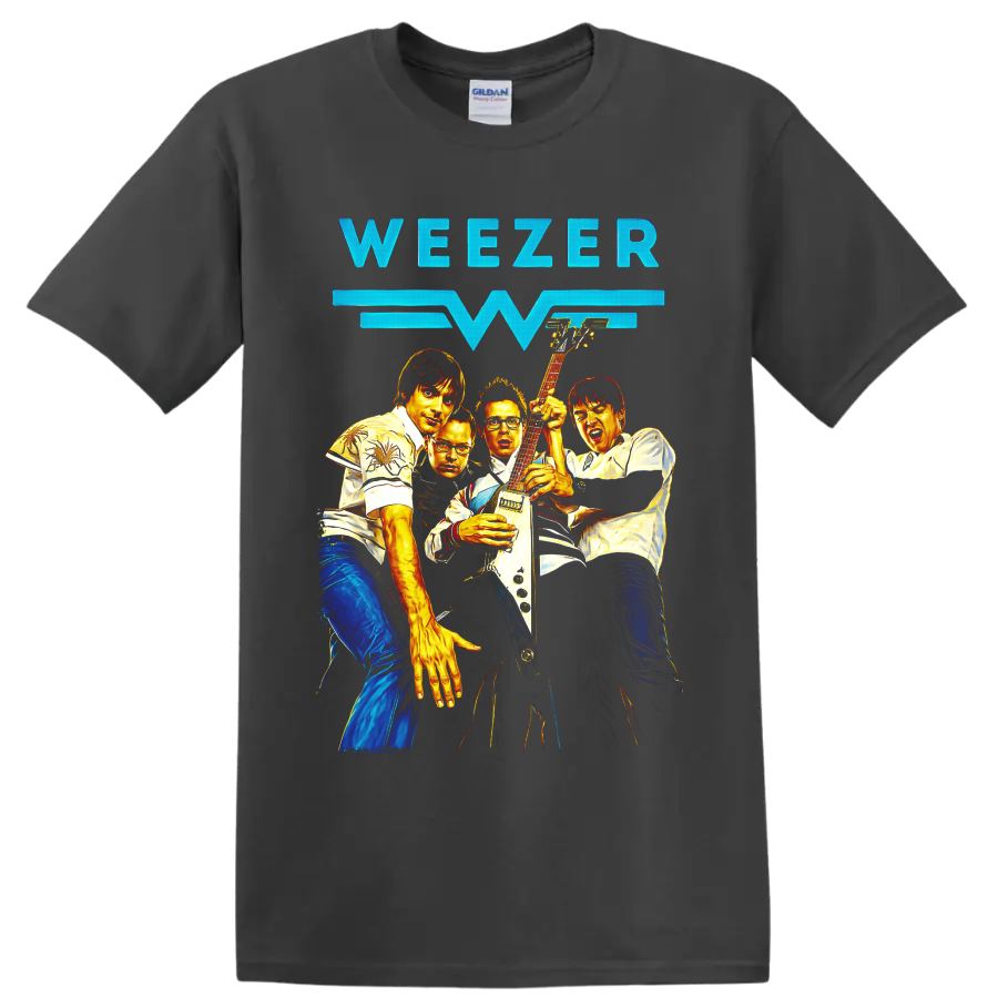 Weezer rock band group portrait with electric guitar and bold lettering on a Charcoal T Shirt