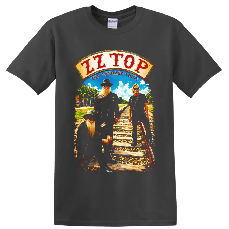 ZZ Top Tonnage Tour vintage railroad rock band graphic on a Charcoal T Shirt