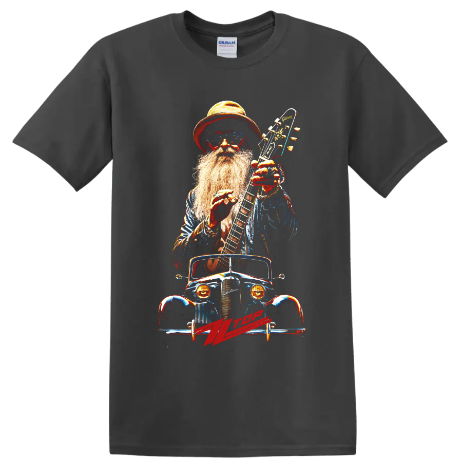 ZZ Top bearded guitarist with electric guitar and vintage car graphic on a Charcoal T Shirt