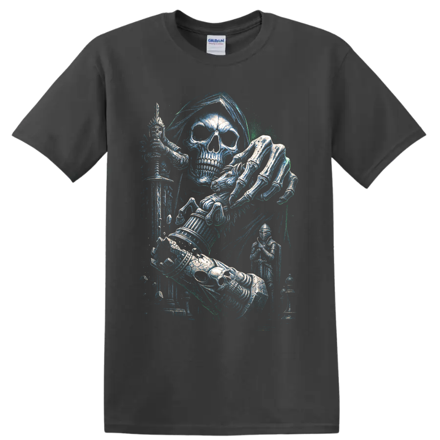Gothic skull knight in armor wielding a sword, distressed fantasy art on a Charcoal T Shirt