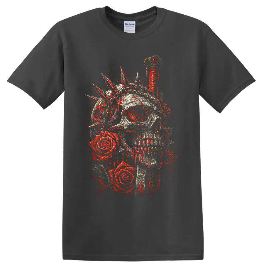 Gothic skull with red roses and spiked crown graphic on a Charcoal T Shirt