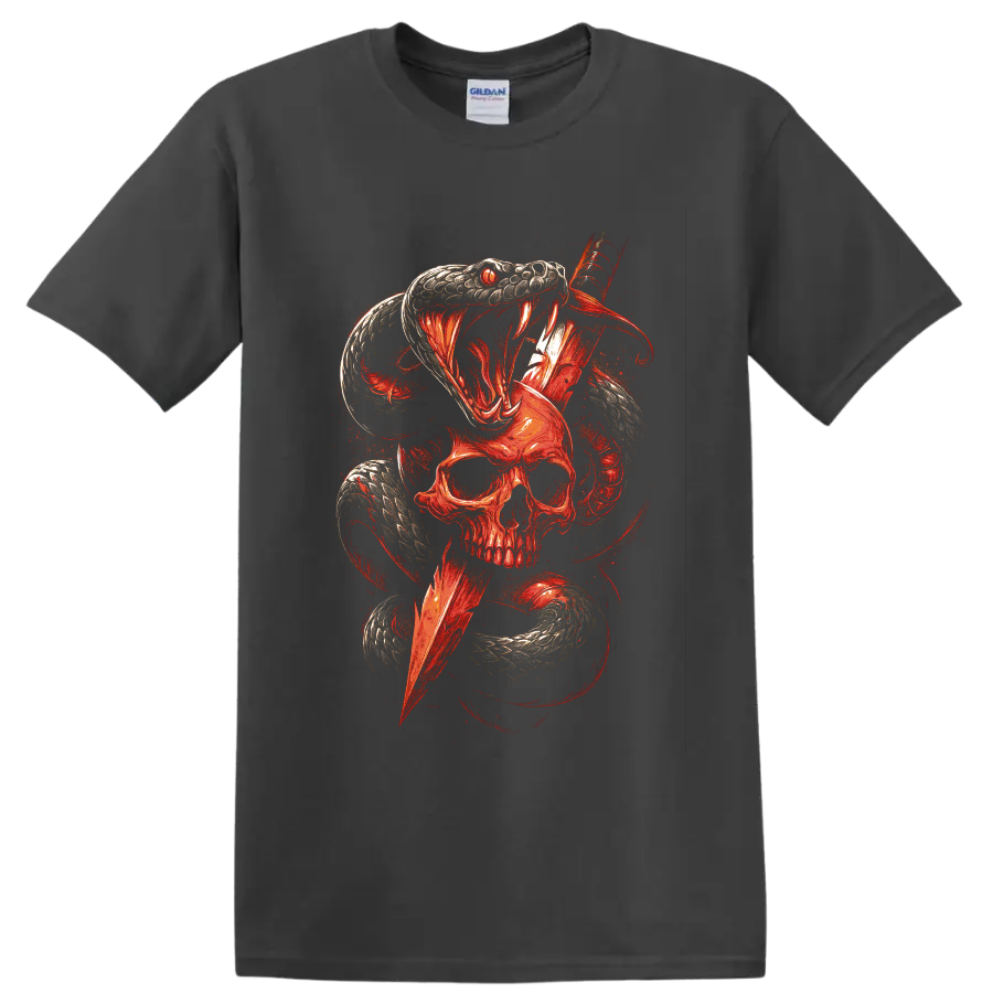 Red fanged snake coiling around a skull in gothic horror art on a Charcoal T Shirt