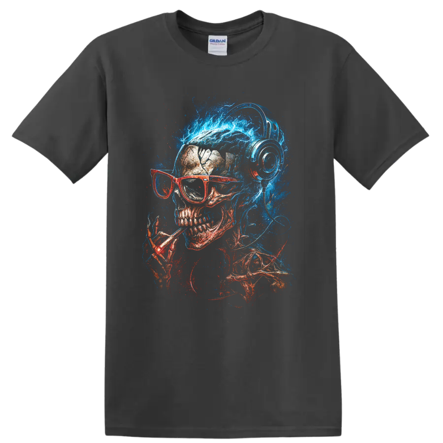 Neon blue and red skull wearing glasses and headphones, gothic art on a Charcoal T Shirt