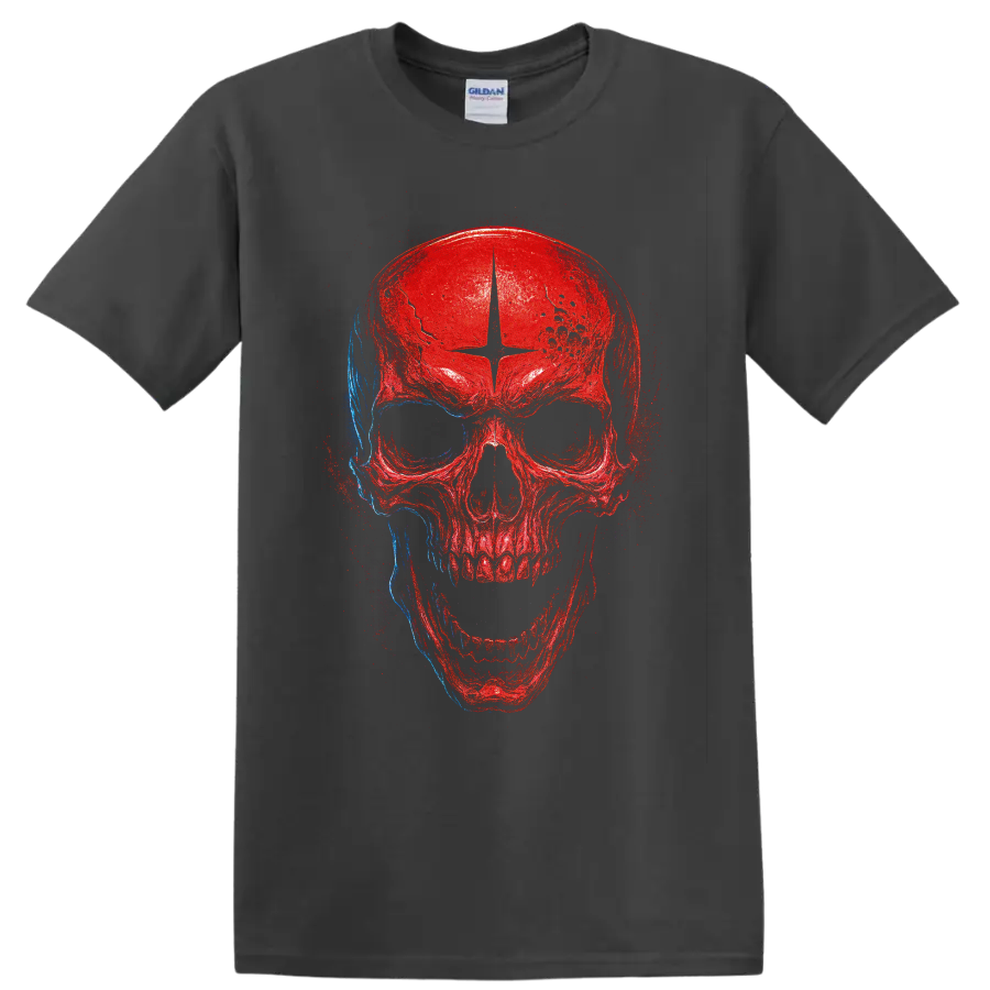 Distressed red and blue skull grunge graphic print on a Charcoal T Shirt