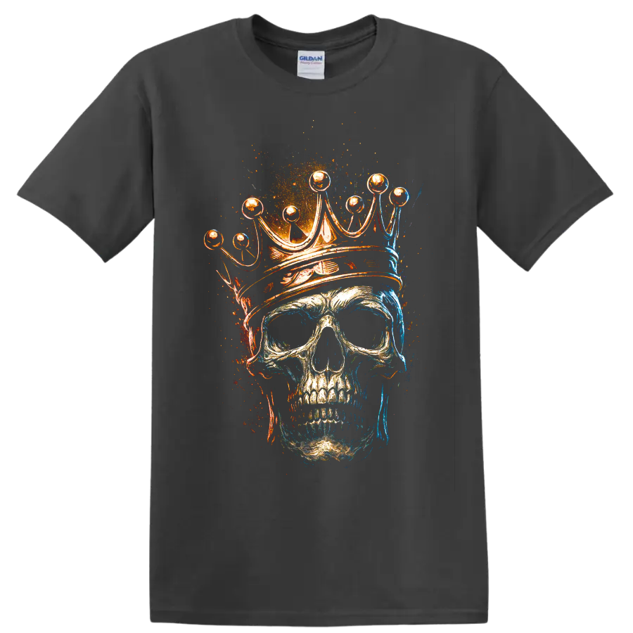 Crowned skull with ornate crown in fiery blue and orange grunge art on a Charcoal T Shirt