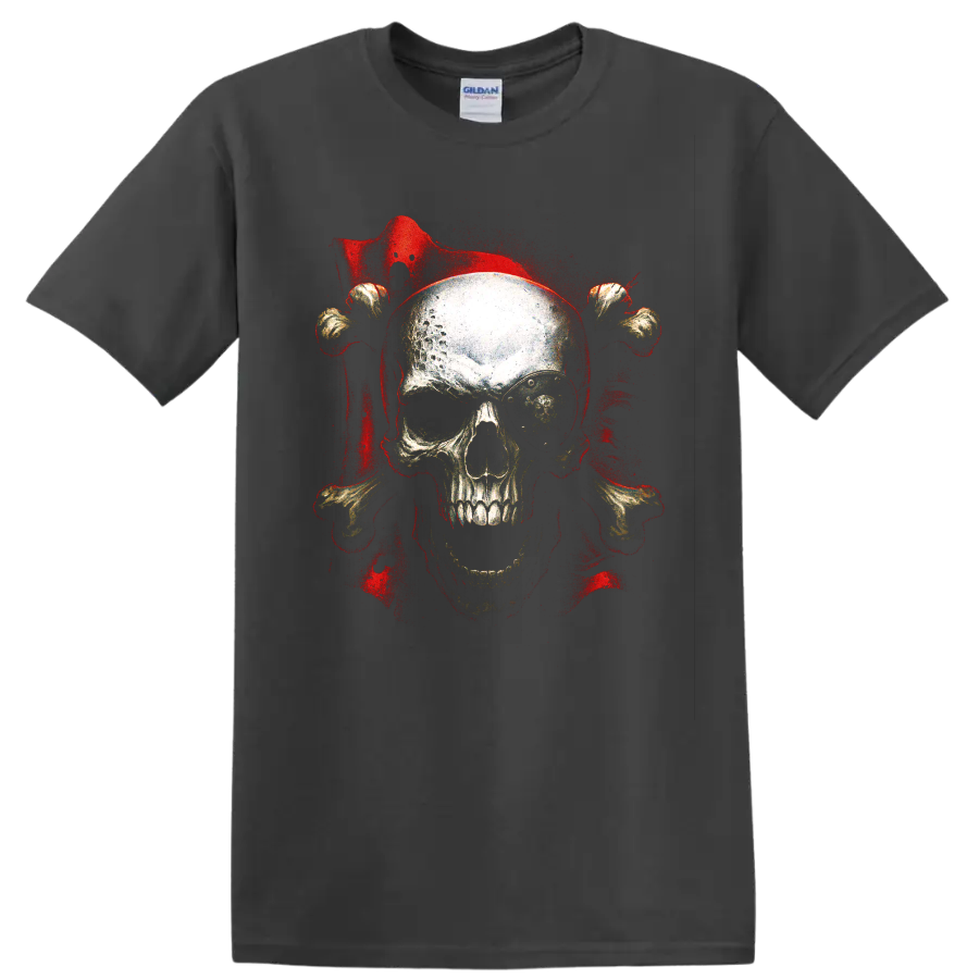 Gothic skull and crossbones graphic with red grunge splatter on a Charcoal T Shirt