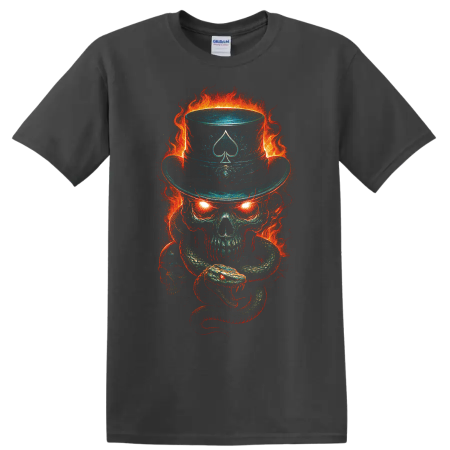 Flaming skull with snake, spade top hat, and fiery gothic horror artwork on a Charcoal T Shirt