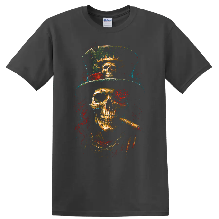 Vintage grunge skull wearing a top hat with rose and cigar on a Charcoal T Shirt