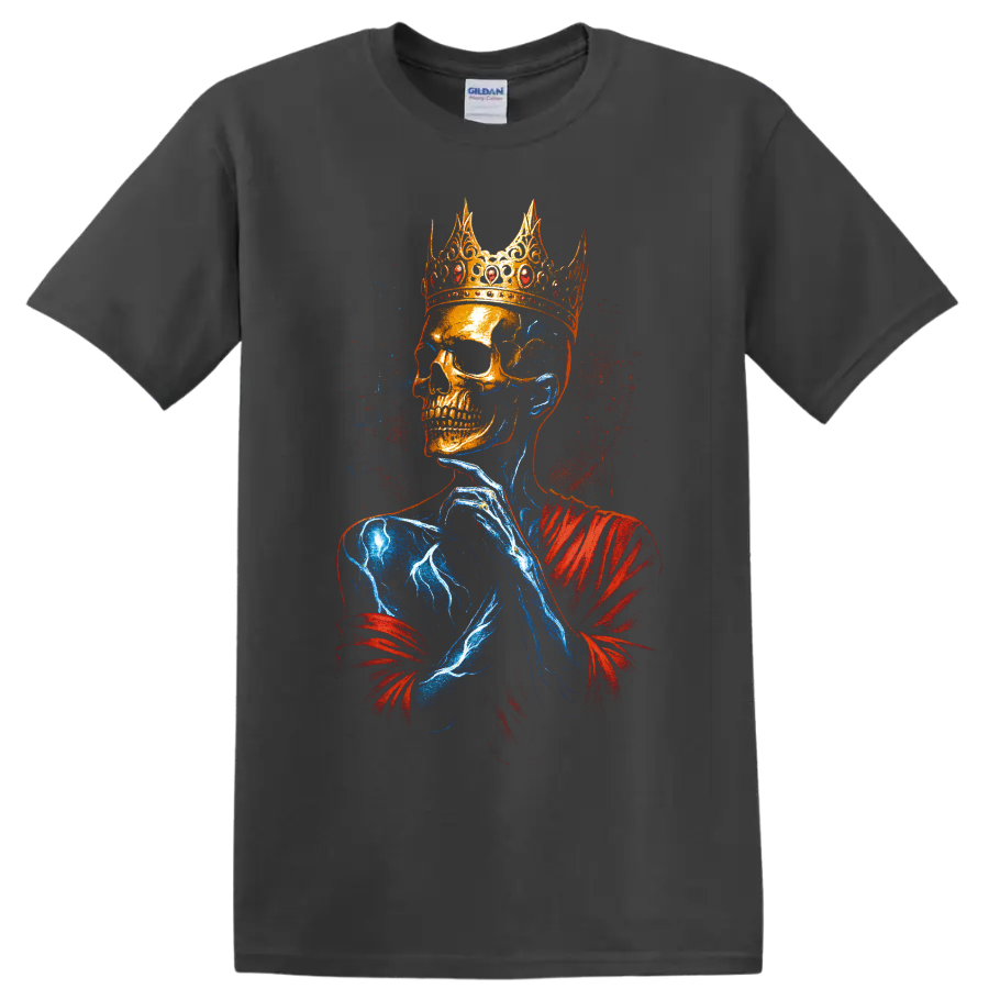 Crowned skull king gothic graphic with red and blue splatter art on a Charcoal T Shirt