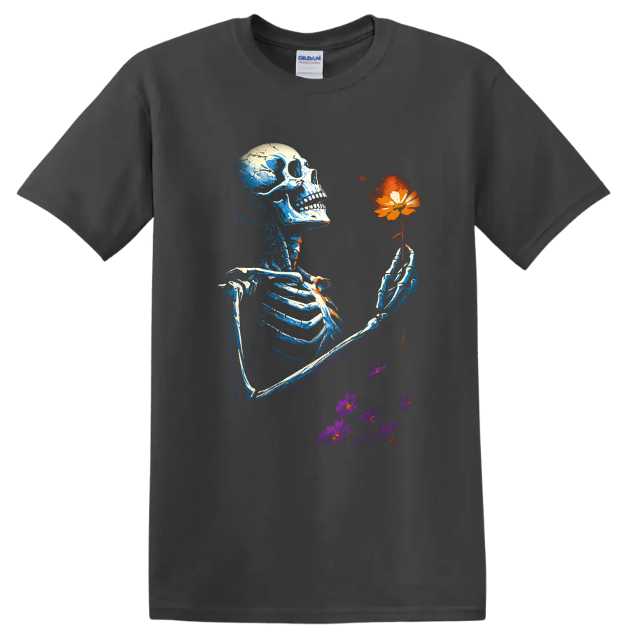 Gothic skeleton holding an orange flower with purple floral accents on a Charcoal T Shirt